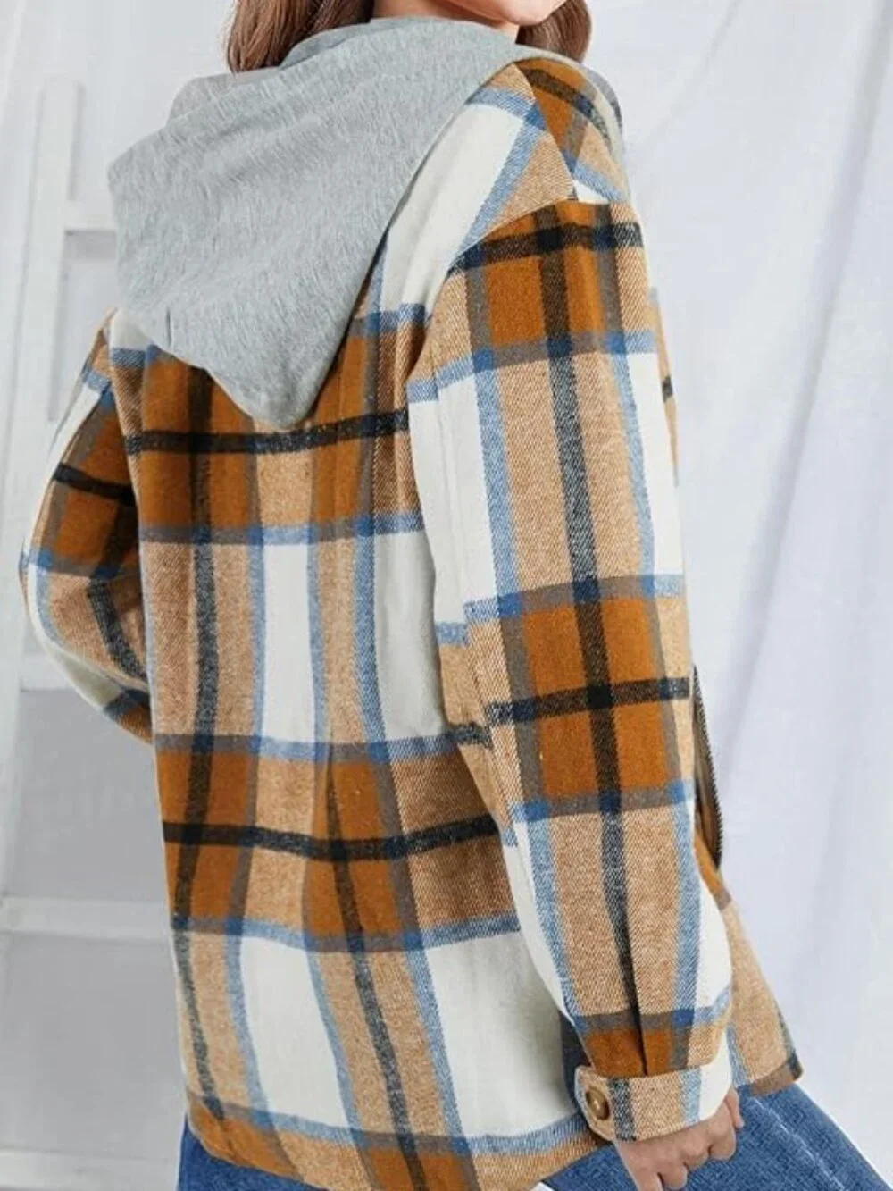 Brown Plaid Flannel Hooded Jacket Button Down Shirt Top